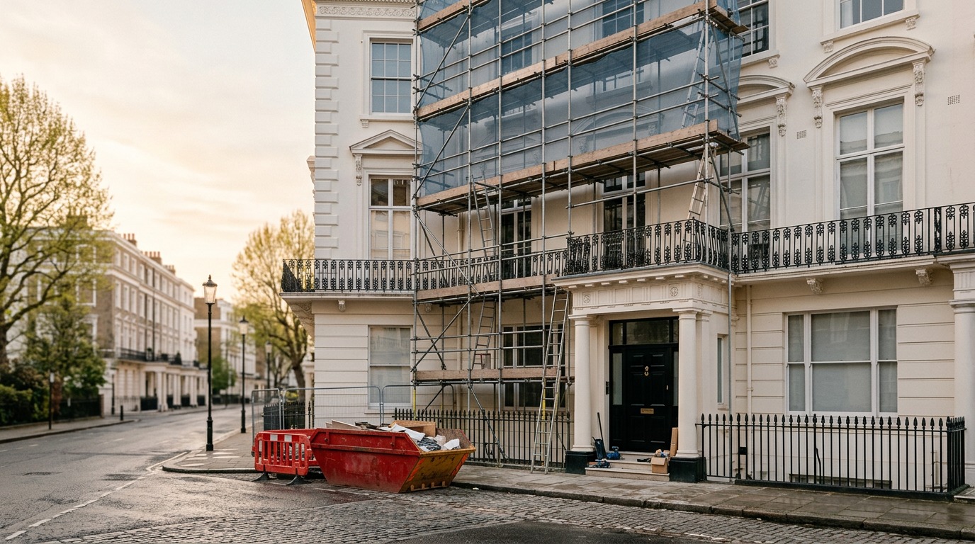 A Georgian townhouse mid-refurbishment with scaffolding and a skip at the kerb