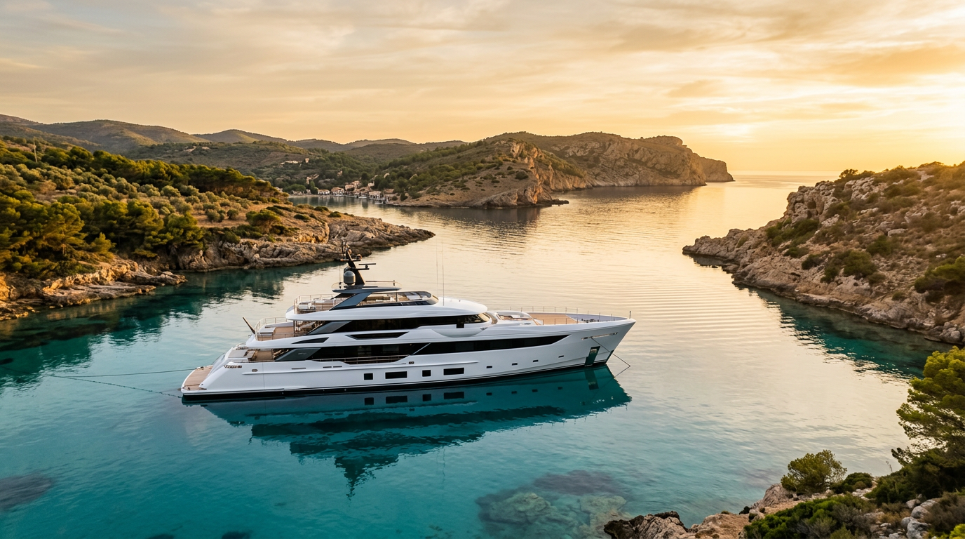 A superyacht at anchor in a calm Mediterranean bay at golden hour